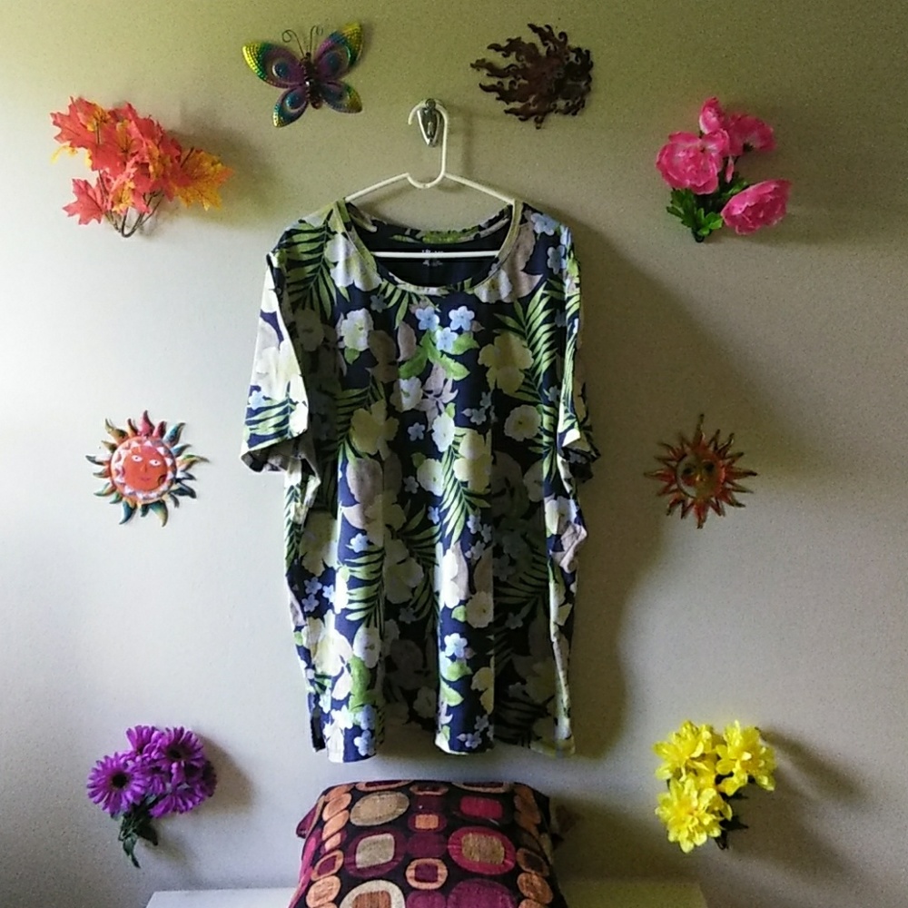 Ladies Blue and Lime Tropical Print Shirt